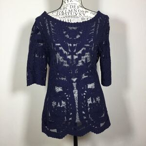 Navy blue cover up top 1/2 sleeves sheer lace embroidery summer S